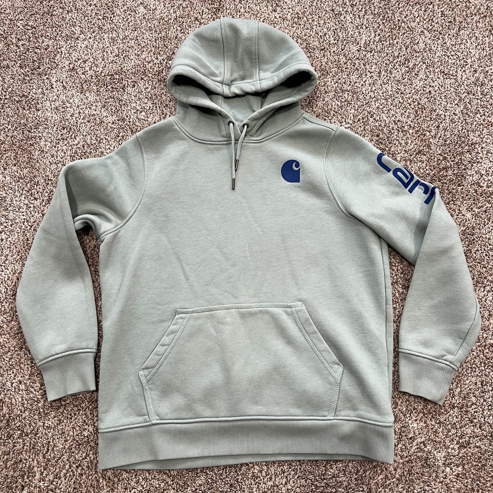 Carhartt Clarksburg Graphic Pullover Hoodie Womens L 12-14 Light Blue Fleece